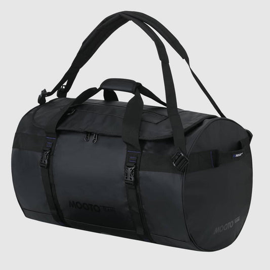 Black duffel bag with 'Moots' branding on a light gray background